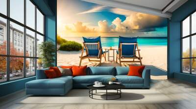 Beautiful tropical beach with white sand and two sun loungers on background of turquoise ocean and blue sky with clouds. Frame of palm leaves and flowers. Perfect landscape for relaxing vacation Wall mural