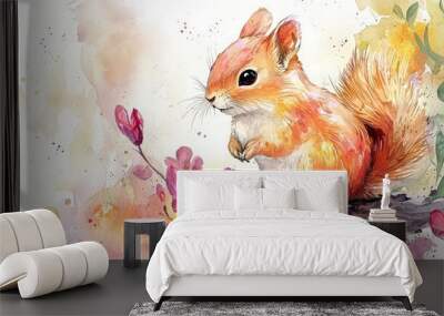 A fresh depiction of a cute woodland creature, painted in watercolor with vibrant spring colors. Wall mural