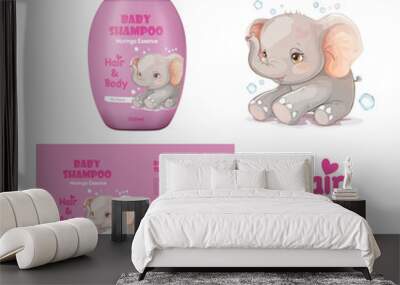 Baby care product label template design, Baby Shampoo package label designs with cute elephant, pink baby shampoo label , baby care lotion packaging, baby wash label design, kids shampoo	 Wall mural