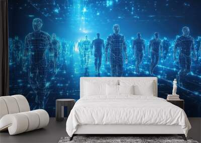 Futuristic scene with digital wireframe soldiers marching in a glowing blue cyberspace. Wall mural