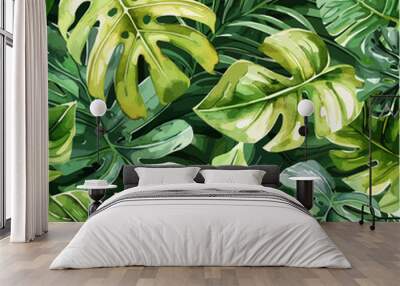 Green summer abstract tropical leaf seamless background, monstera leaves collection, watercolor background design, green tropical background Wall mural