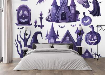 illustration vector dark purple Halloween set isolated on a white background, Halloween home, bat and pumpkin ghost and hat, Halloween moon, Halloween object Wall mural