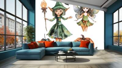 illustration vector Halloween elf set and fairy isolated on white background, Halloween elf with big ears and green dress and hat. vector character illustration, and Halloween object Wall mural