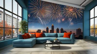 Modern fireworks display illuminating a minimalist Atlanta skyline for Independence Day, set against a dark blue evening sky. Wall mural