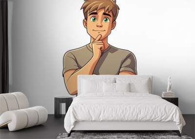 cartoon character, a young man with green eyes, wearing a t-shirt stands thinking on a white background Wall mural