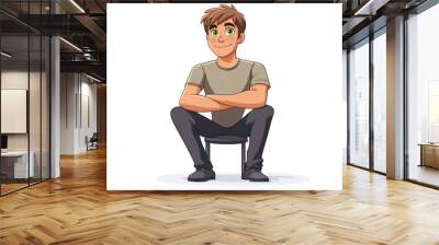 cartoon character, smiling young man with green eyes, wearing a t-shirt is sitting in the chair with crossed hands  on a white background Wall mural