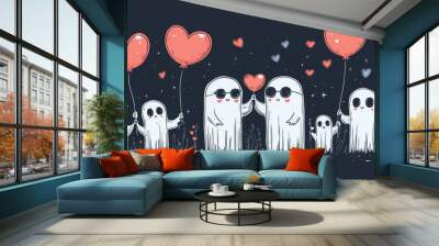 family or class with big and small ghosts  with red ballons and hearts on a black background. Halloween or Valentine's day theme Wall mural