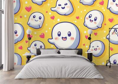 Halloween or Valintine style pattern wallpaper. Cartoon character background. illustration of cute ghosts with hearts at the pink background Wall mural