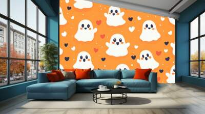 Halloween style or Valintine pattern wallpaper. Cartoon character background. illustration of cute white ghosts with hearts at the orange background Wall mural