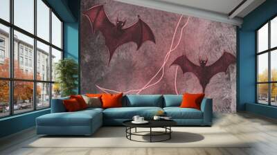 Vertical Halloween banner or card with two bats with grey background, postcard Wall mural