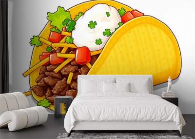 Clip art of a taco, filled with seasoned meat, lettuce, cheese, salsa, and sour cream, wrapped in a crispy shell. Wall mural