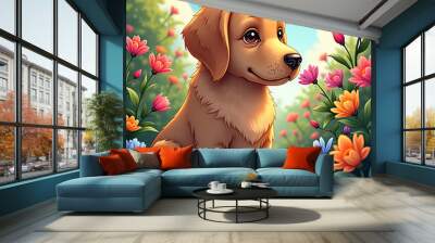 Illustration of a cute dog sniffing flowers in a garden.  Wall mural