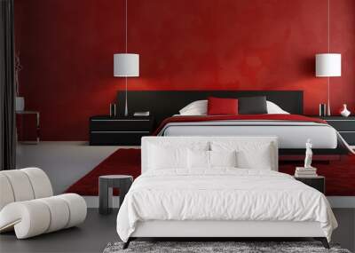 /imagine A contemporary bedroom with a red feature wall, minimalist furniture in black and white, and a red shaggy rug adding a pop of color. Wall mural