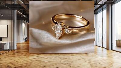 /imagine An elegant gold ring with a marquise-cut diamond, placed on a satin cloth with soft, ambient lighting that highlights the ring's intricate details. Wall mural