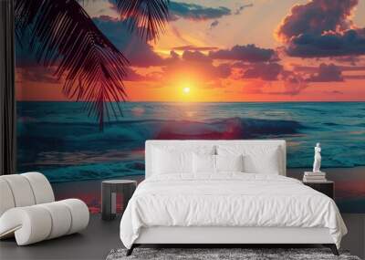 Beautiful sunset beach landscape, exotic tropical island nature, blue sea water, ocean waves, colorful red yellow sky, palm tree leaves silhouette, golden sun glow reflection, summer holidays vacation Wall mural