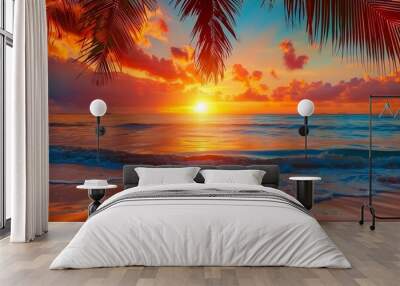 Beautiful sunset beach landscape, exotic tropical island nature, blue sea water, ocean waves, colorful red yellow sky, palm tree leaves silhouette, golden sun glow reflection, summer holidays vacation Wall mural