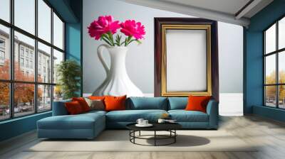 Blank picture frame mockup in modern interior with plant. 3d render Wall mural