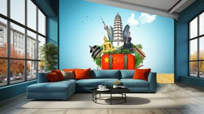 China, China landmarks, travel and retro suitcase Wall mural