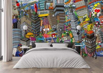 city, an illustration of a large collage, with houses, cars and people Wall mural