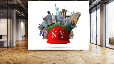 New York collage with the sights and red cap Wall mural