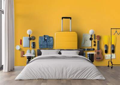 Travel concept with a large suitcase and other accessories Wall mural