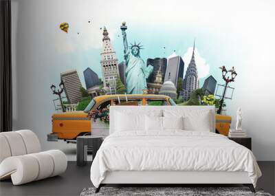 usa, classic yellow тew york taxi and landmarks Wall mural