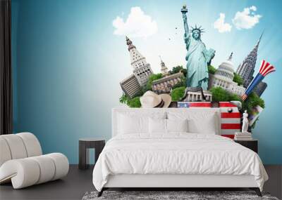 USA, vintage suitcase with American flag and landmarks Wall mural