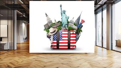 USA, vintage suitcase with American flag and landmarks Wall mural