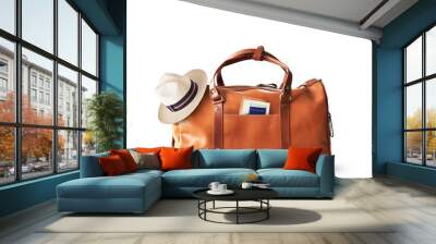 Vacation concept, large classic brown leather travel bag with hat Wall mural