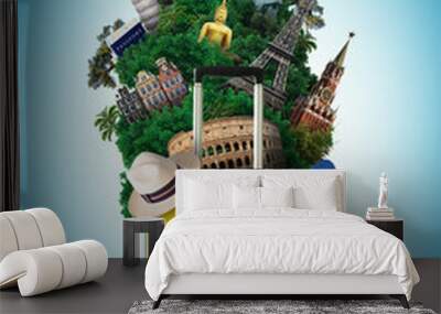 Yellow travel bag with world landmark, holiday and tourism Wall mural