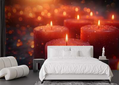  Red candles glimmer with sparkles, illuminating a dark background, evoking a cosy and enchanting atmosphere. Wall mural