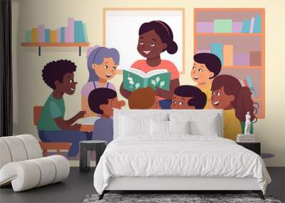 A cartoon illustration showing a teacher reading an educational book to a group of young children in a preschool classroom. Generative AI Wall mural