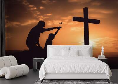 A cross on a hill at sunset, with a father and his child. Generative AI Wall mural