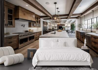 A new luxury homes traditional kitchen features a farmhouse sink, hardwood floors, wood beams, a huge island, and quartz counters. Generative AI Wall mural