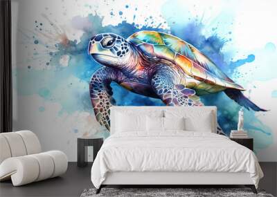 Big sea turtle. Splashes and waves, watercolor painting. Generative AI Wall mural