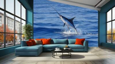 Blue Marlin jumping out of water. Generative AI Wall mural