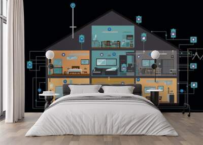 Cross section of a house with smart home connections, wifi stations, icons. Vector graphic Wall mural