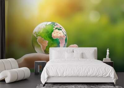 Earth Day concept: hand holding earth on blur green nature background. Generative AI Wall mural