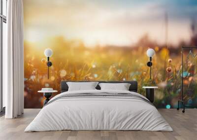 Magic blur bokeh nature morning sun on summer sky background, peace sunset technology. Generative AI Wall mural