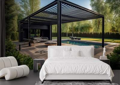 Modern black bioclimatic pergola with view on an outdoor patio. Teak wood flooring, a pool, and lounge chairs, green grass and trees in a garden. Generative AI Wall mural