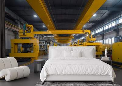 Production hall with large yellow presses for stamping automobile body parts, overhead crane on the ceiling of the hall, no people. Generative AI Wall mural