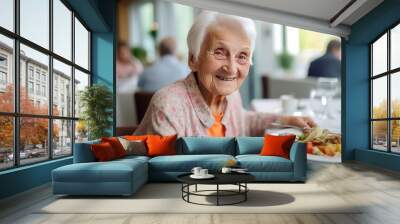 Senior woman in a retirement home having lunch. Generative AI Wall mural