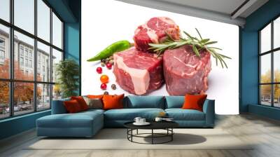 Three pieces of raw meat with herbs and mixed peppers isolated on white background. Steaks with rosemary. Generative AI. Wall mural