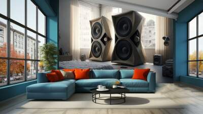 Two enormous loudspeakers on the floor in a bedroom. Generative AI Wall mural