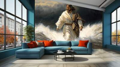 Watercolor painting, Christ walking on water, jesus walked on water, sea of galilee. Generative AI Wall mural