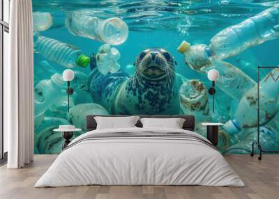 plastic pollution with seal swimming underwater between discarded plastic bottles, Generative Ai Wall mural