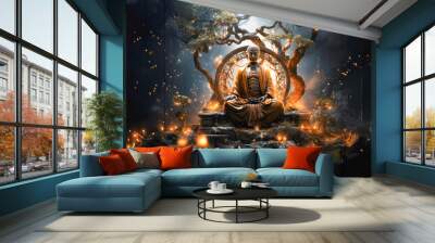 Real Buddha sitting on throne under tree, realistic, cinematic light scene, Generative Ai Wall mural