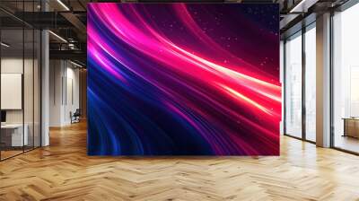 abstract background with moving wave curve of neon lights blue hot pink orange black fuchsia bokeh Wall mural