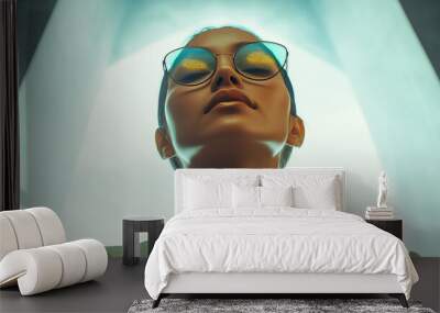 asian woman in business suit wearing eyeglasses with eyes closed Wall mural