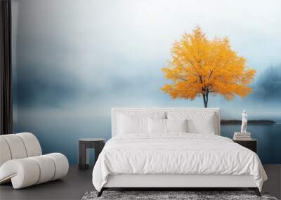 autumn landscape with fog tree on water lake misty foggy Wall mural